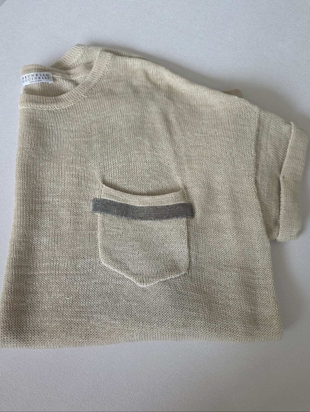 Brunello Cucinelli Beige Knit Top Monili Beaded Pocket Made in Italy M - Picture 10 of 12